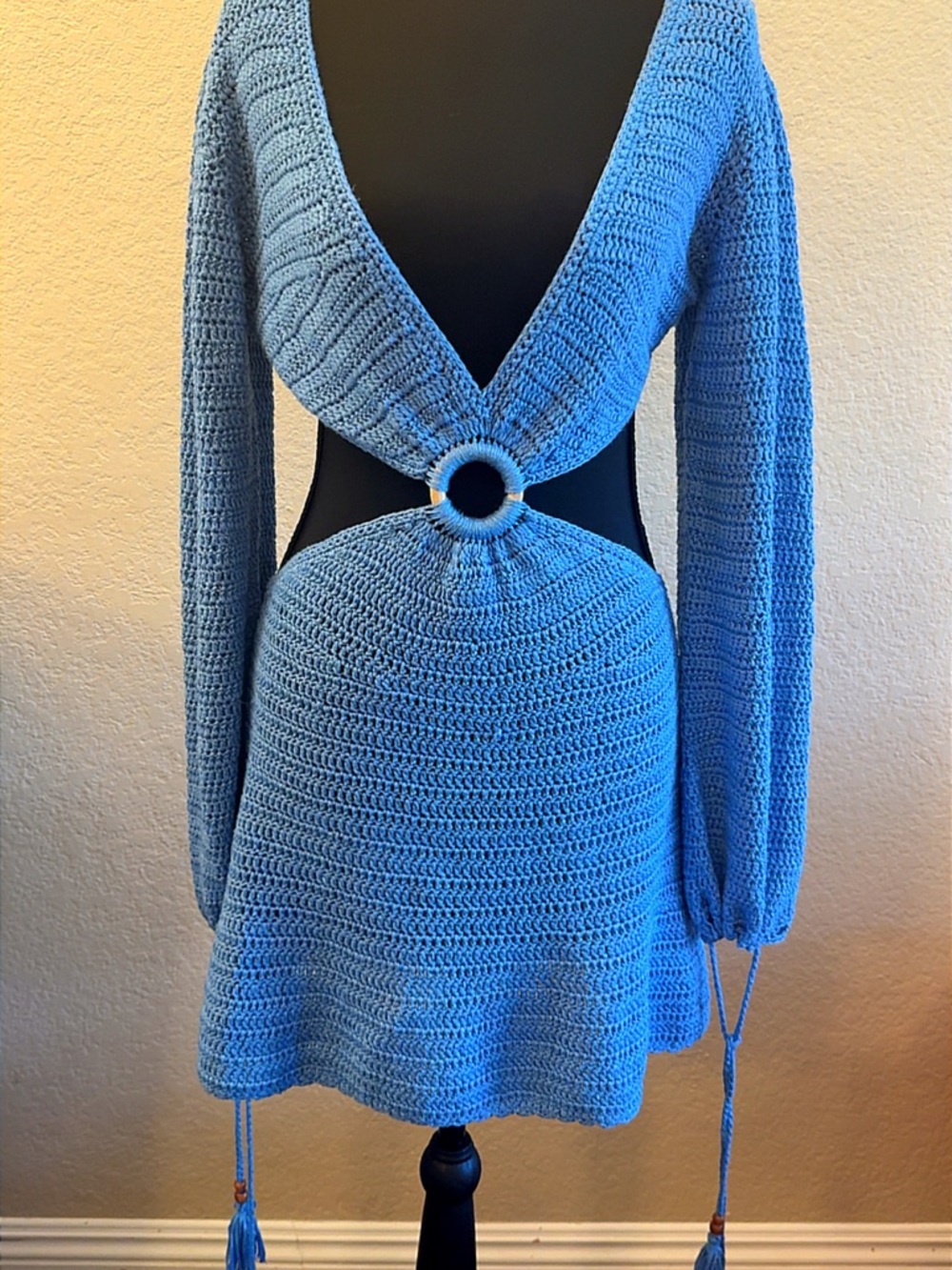 Hand-Crocheted Blue Cutout Mini Dress with Ring Detail
